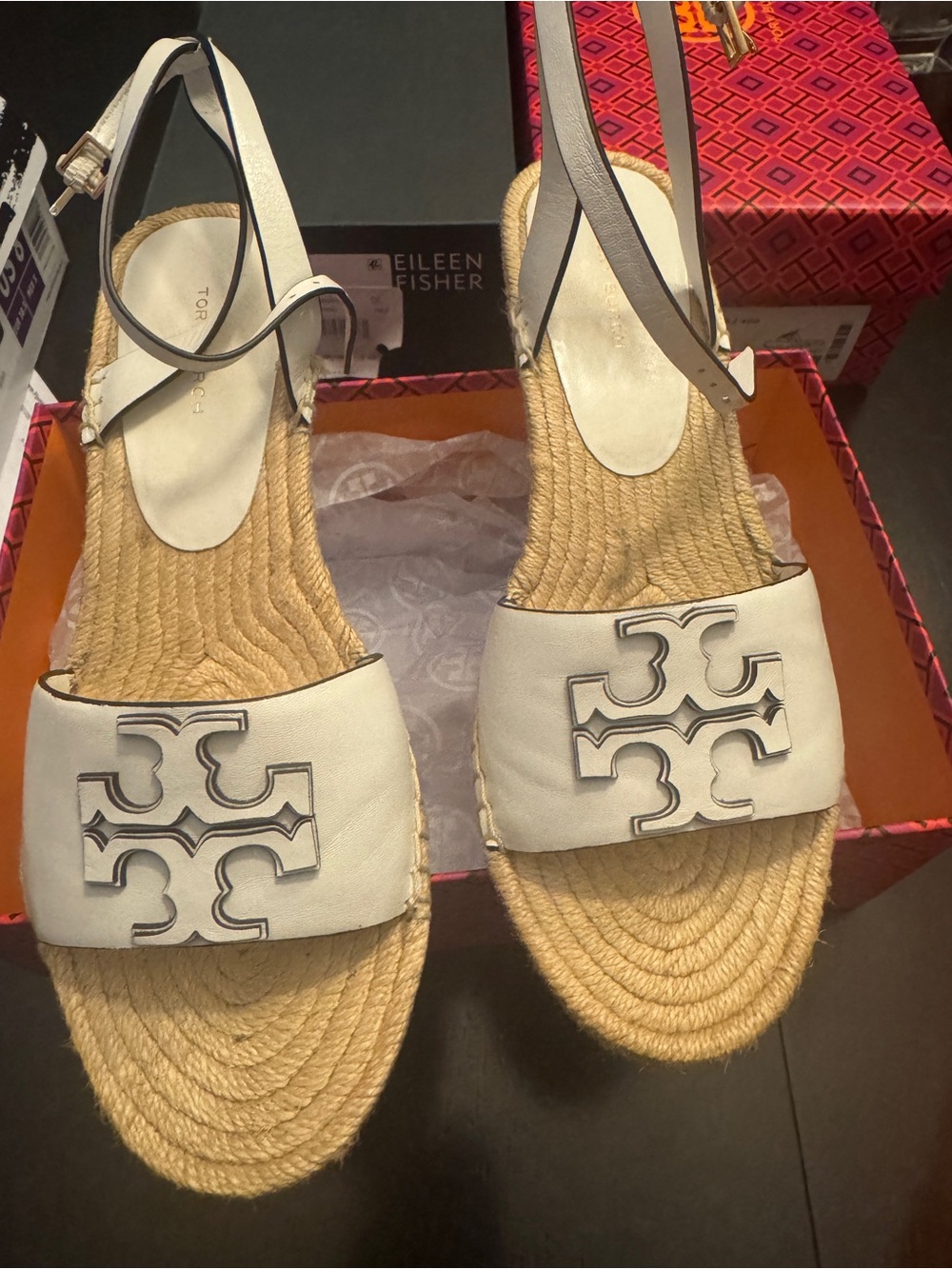 Tory Burch White Leather Logo Ines Espadrille Slingback Sandals size 8